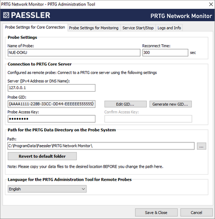 Probe Settings for Core Connection Tab